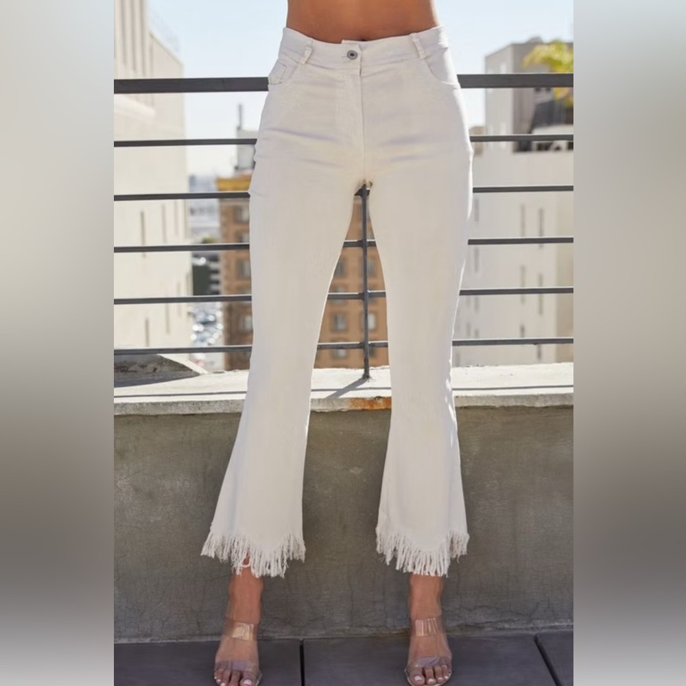 VENTI 6 Fringe Hem Light Flare Pants in beige